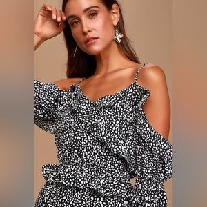 Lulu’s Doting Love Black and White Print Ruffled Off-the-Shoulder Top